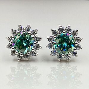 Certified 2CT Moissanite Sunflower Luxury Blue Green Stud Earrings